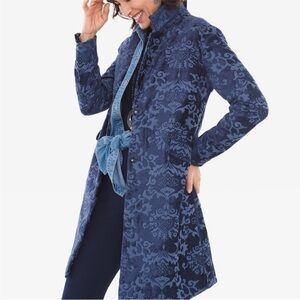Chico's Jacquard Chenille Topper Long Jacket Trench Blue Patterned 2 (12-14)